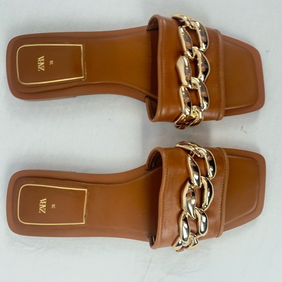 Zara Square Toe Vegan Leather Gold Chain Slides in Brown Size 7.5 or 38 - Picture 3 of 12